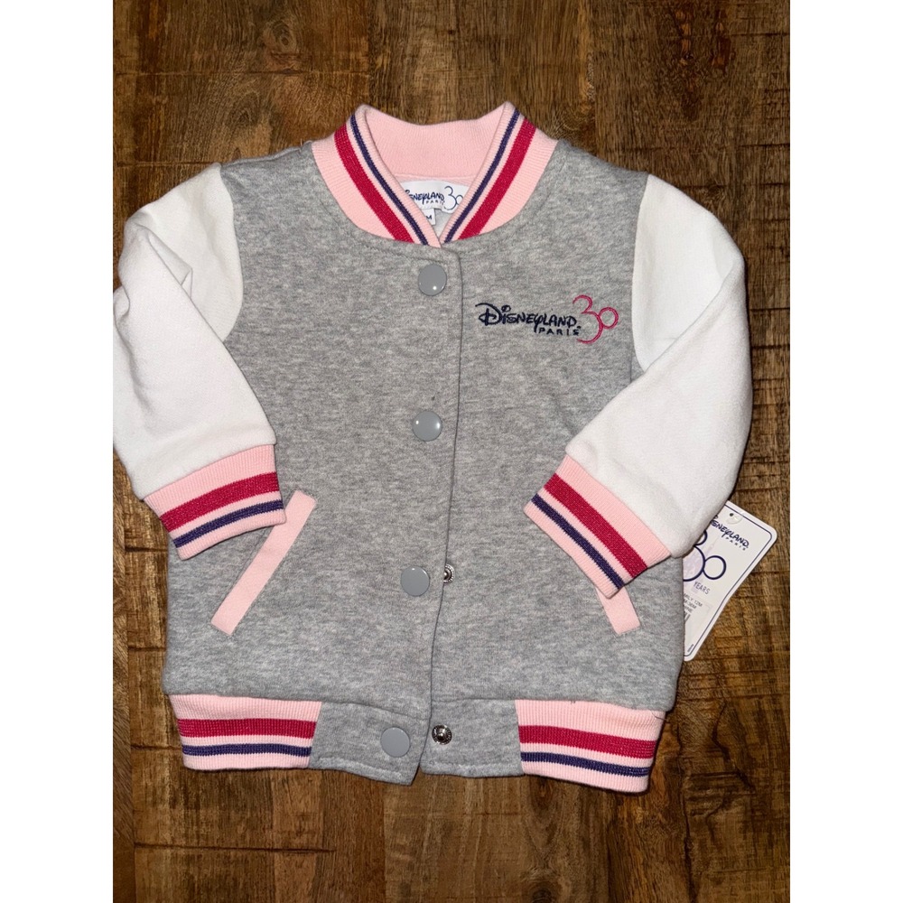 Disneyland Paris 30th Anniversary Minnie Mouse Varsity Jacket Gray Pink 12M NWT